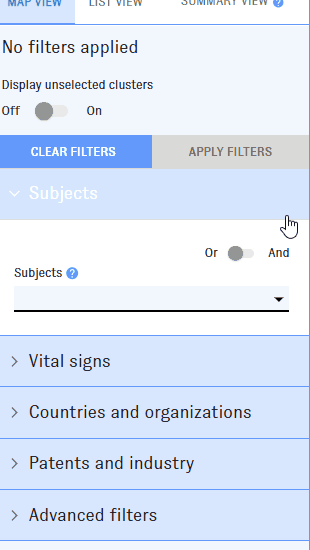An animated screen capture of the Map of Science interface. The user adjusts filters for subject.