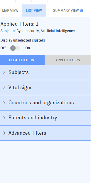 An animated screen capture of the Map of Science interface. The user adjusts filters for growth rating and cluster size.