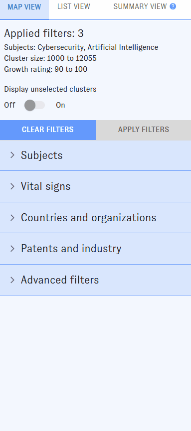 An animated screen capture of the Map of Science interface. The user filters to clusters with 10 percent China affiliation.