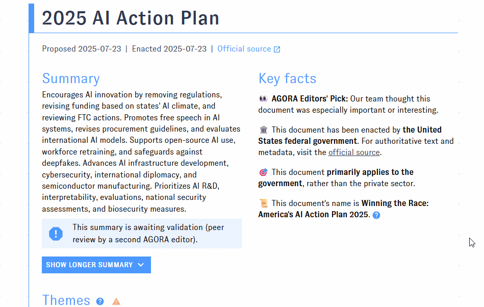 An animated screenshot showing the AI Action Plan in AGORA. The user views the Plan's thematic tags and AI-generated summaries.