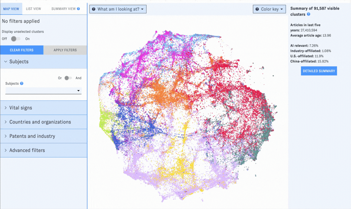 A screenshot of a user selecting Extreme growth predicted using the Vital signs filters in the Map of Science and viewing the resulting data.