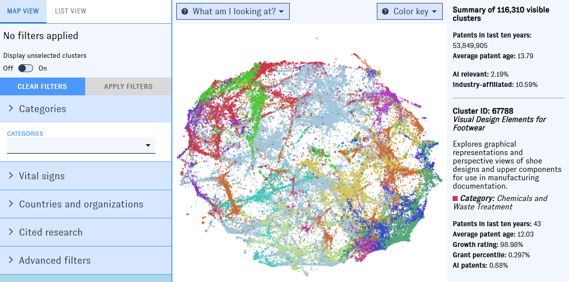 A still image of the Map of Patents main (Map) view.