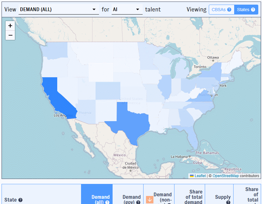 An animated screenshot from PATHWISE. The user views the number of bachelor's graduates in AI for California.